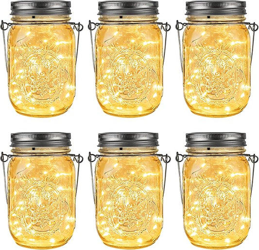 GIGALUMI Hanging Mason Jar Solar Lights, 6 Pack 30 Led Tinplate Lids Hanging Solar Lanterns Outdoor Waterproof, Hangers and Jars Included, Outdoor Decor for Balcony, Garden, Patio, Yard, Wedding