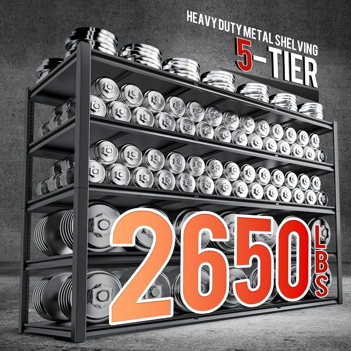 59.8" W x 72.2" H x 24.2" D Storage Shelves Metal Shelving, 2650LBS Garage Shelving Unit with Adjustable Shelf, 5 Tier Storage Rack for Garage, Pantry, Warehouse, Basement, Black