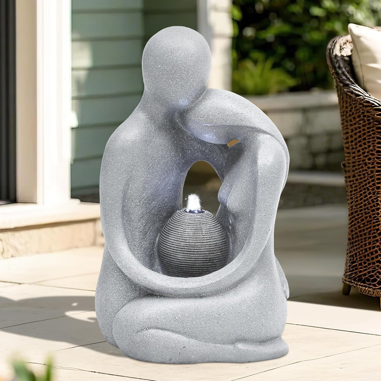 20.9in Hugging Couple Outdoor Water Fountain with LED Lights, Modern Couple Silhouette Garden Water Fountain for Patio, Yard,or Indoor Décor