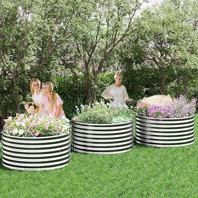 3 Pack 2x2FT Round Galvanized Raised Garden Bed Outdoor,Metal Garden Bed for Vegetables,Steel Raised Beds for Gardening,Above Ground Garden Box for Flower