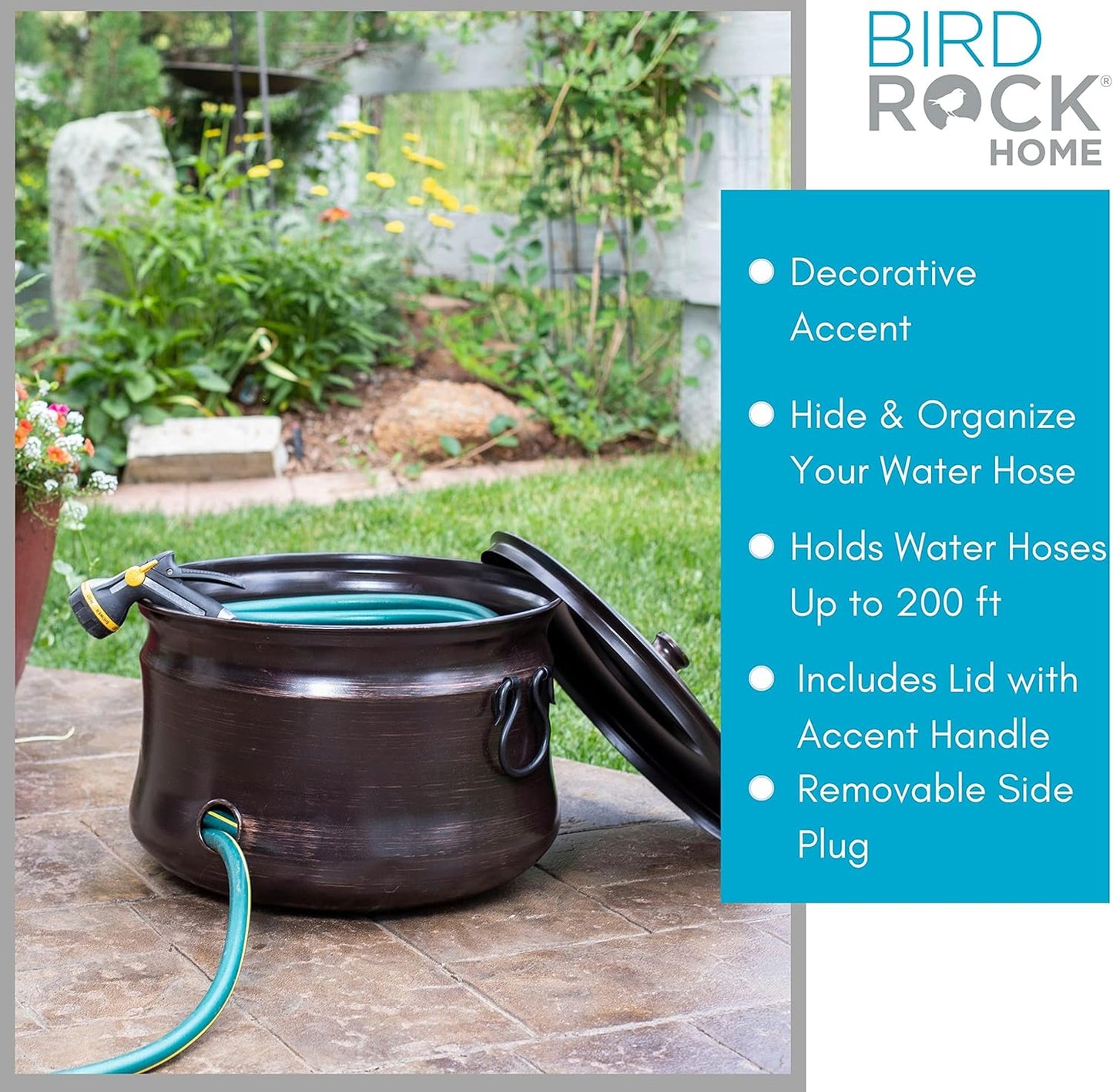 BIRDROCK HOME Water Hose Holder - Decorative Metal Pot, Indoor or Outdoor, Garden Storage Organizer, Patio Portable Bucket - Distressed Bronze, Holds up to 200ft Hoses, Large with Lid