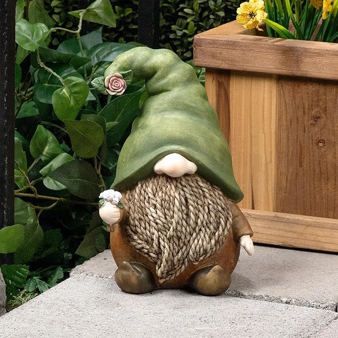 Alpine Corporation QWR1442 Gnome with Green Hat Holding a Flower, Playful Décor for Garden, Patio, & Lawn, 10" H, Multicolor