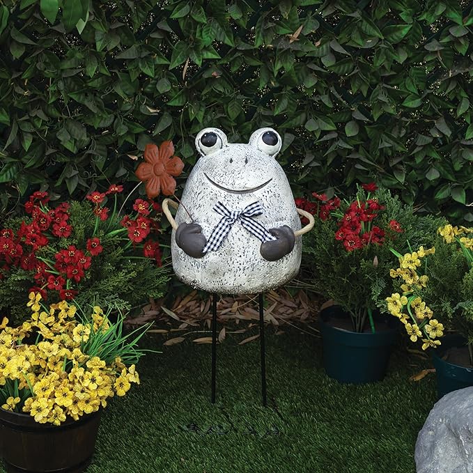 Alpine Corporation MCC860 Indoor/Outdoor Frog with Flower Garden Statue, Stone Finish Frog Statue for Yard, 24" H, Silver
