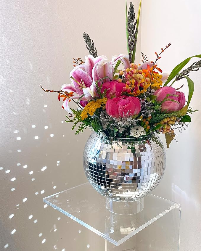 Hanging Disco Ball Planter 8" - with Acrylic Stand and Macrame Plant Hanger - Home Décor, Room Décor, Mirror Disco Planter, Disco Decor (10" with Base)