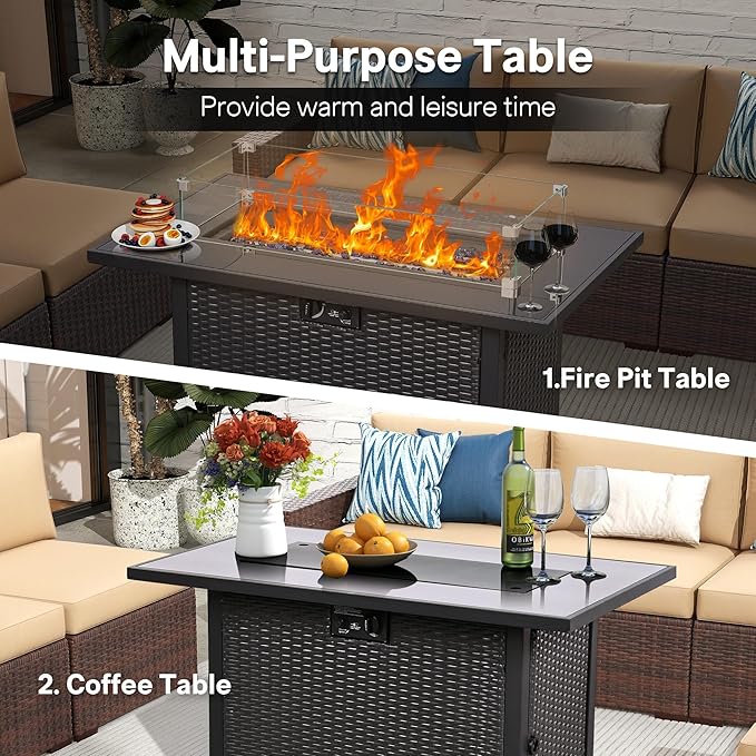 5 Piece Patio Furniture Set with 43" Propane Fire Pit Table, Outdoor Wicker Conversation Set, Rattan Modern Sectional Sofa Couch with Coffee Table for Backyard Porch Garden Poolside, Yellow-Beige