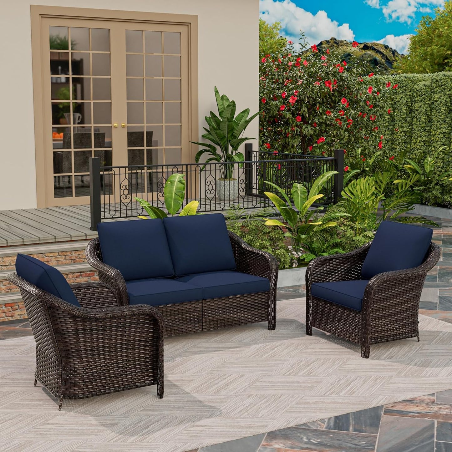 3 Piece Patio Wicker Conversation Set, All-Weather Use Outdoor Wicker Loveseat with 2 PE Rattan Chair, Ideal for Porch, Backyard, Balcony, Poolside, Blue