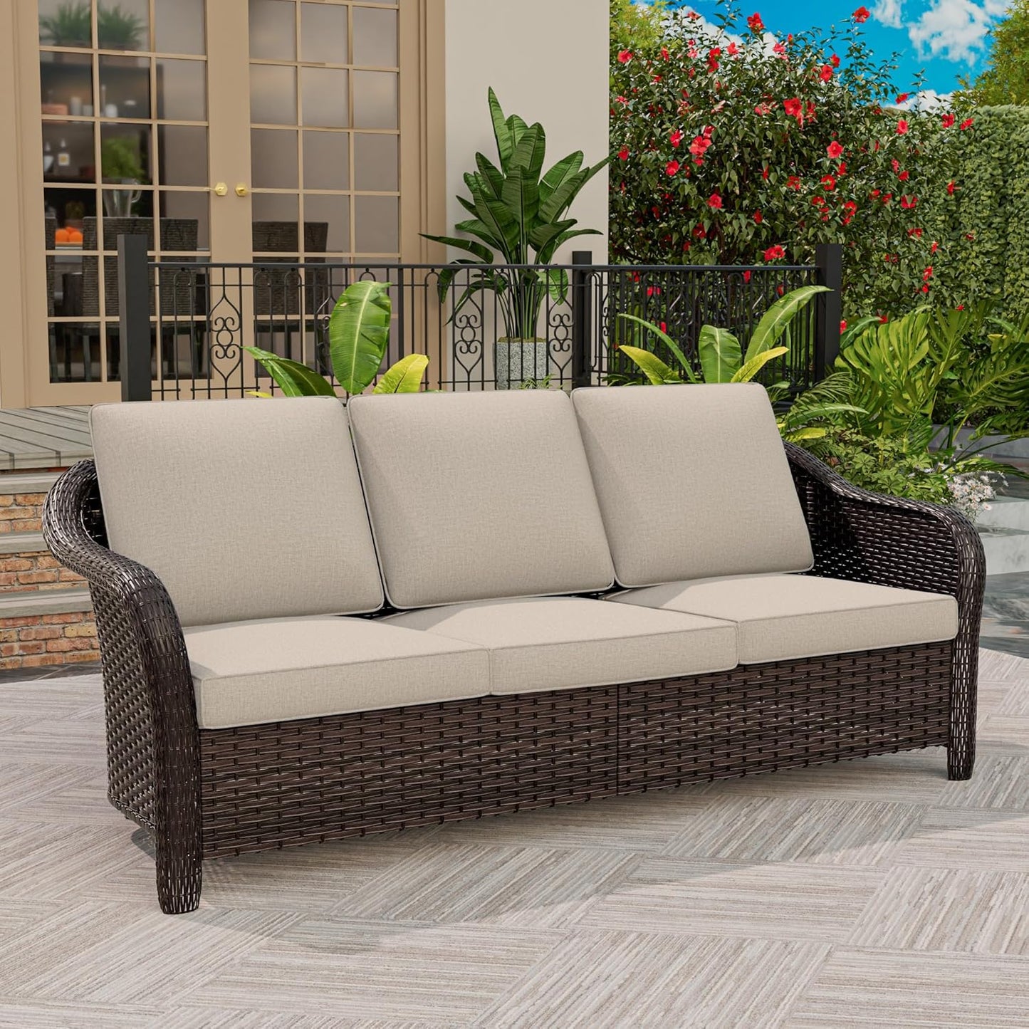 77 inch Outdoor Wicker 3 Seater Sofa, All-Weather Use Patio Rattan Sofa with Seat and Back Cushion, Ideal for Porch, Backyard, Balcony, Poolside, Beige