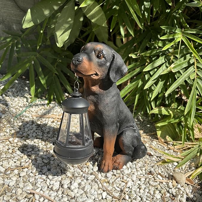 Garden Dog Statues Outdoor Decor, 10.6" Solar Light Dog Statue with Lantern, Puppy Solar Dog Figurine Sculpture for Outdoor Gardens Patio, Lawn, Yard, Housewarming Ornament Gift