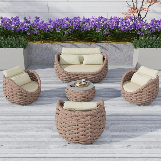 5 Pieces Patio Furniture Set, Outdoor Rope Conversation Sectional Patio Sofa with 5 Seater for Backyard, Porch, Modern Armchairs with Thickness Cushions and Side Table, Light Brown