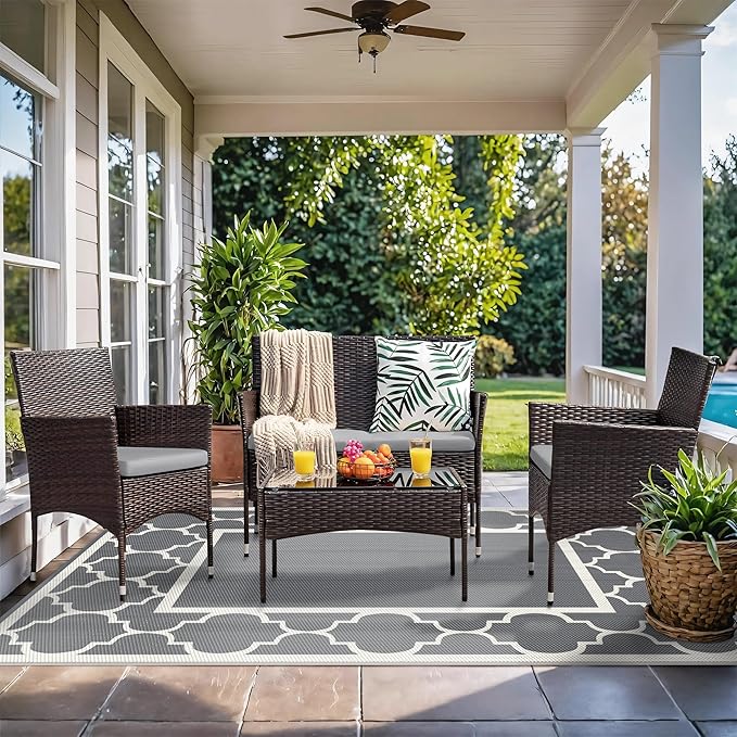 GENIMO 6' x 9' Outdoor Rug Waterproof for Patio Decor, Foldable Reversible Plastic Straw Area Rugs Mat for Camper, Outside Carpet for Rv, Deck, Porch, Picnic, Beach, Balcony, Grey & Beige White