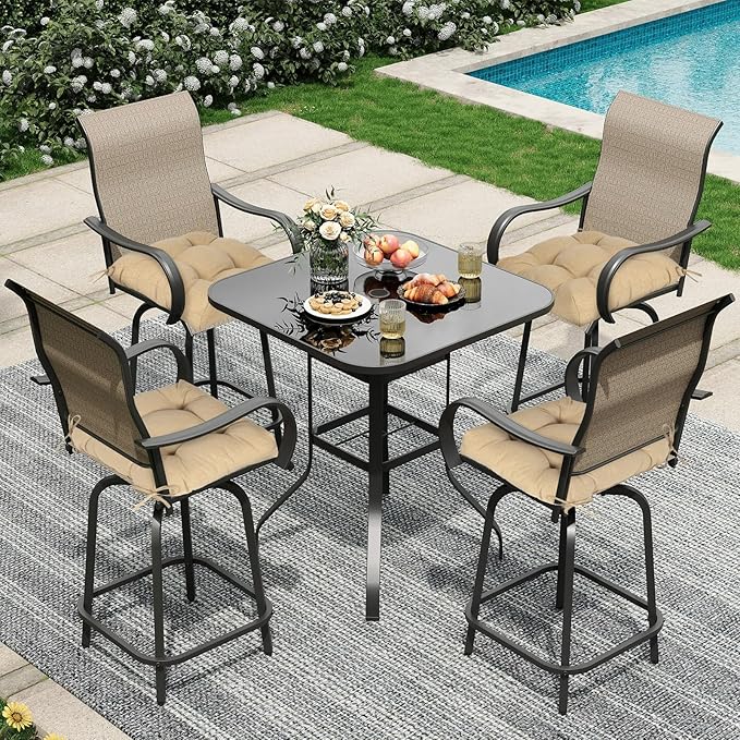 Aoodor 19" x 19" x 5" Tufted Outdoor Chair Cushions, Water Resistant & Fade Resistant Polyester Dining Chair Pads with 2 Straps for Patio Furniture, Set of 4