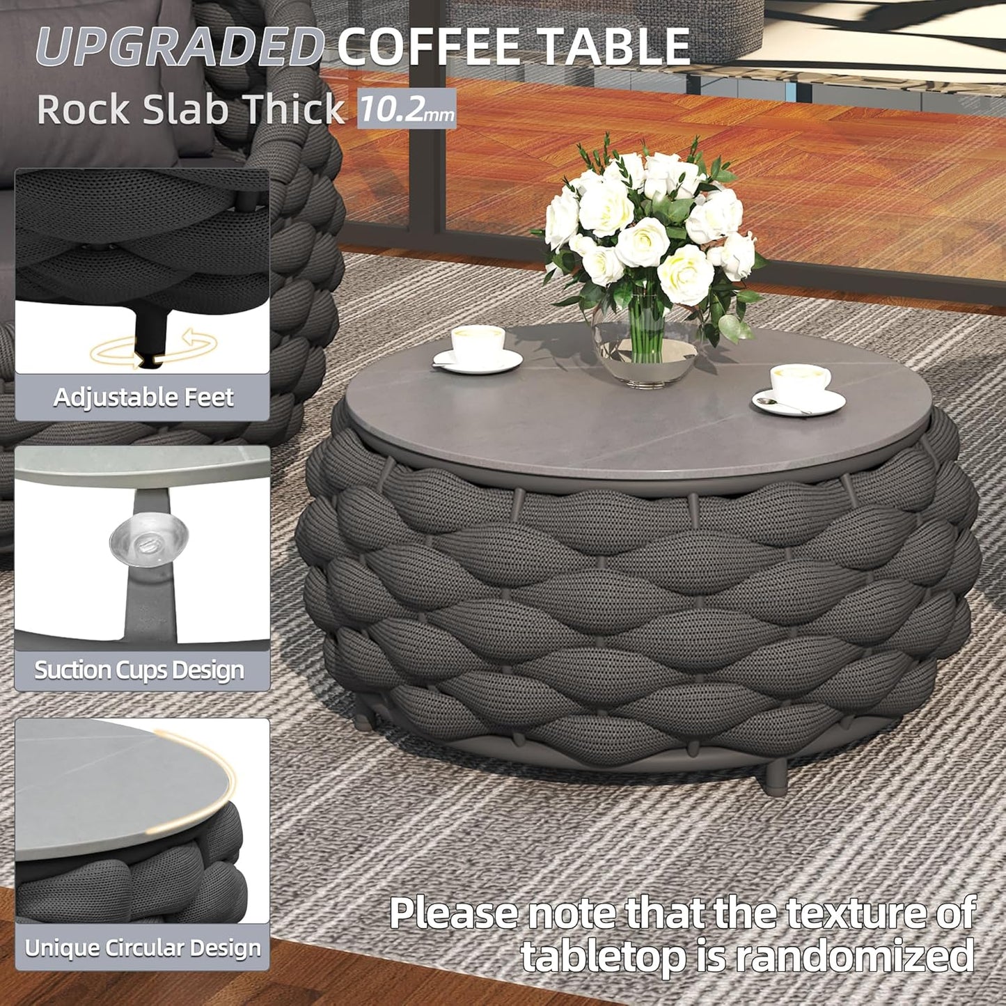 5 Pieces Patio Furniture Set, Outdoor Rope Conversation Sectional Patio Sofa with 5 Seater for Backyard, Porch, Modern Armchairs with Thickness Cushions and Side Table, Dark Grey