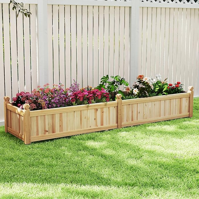 HAPPYGRILL Raised Garden Bed, Wooden Elevated Garden Box w/8 Drain Holes, Detachable Bottom Panels, Liner for Flowers Vegetables Herbs Fruits, Outdoor Planter Box for Backyard Lawn, 89" x 23.5" x 16"