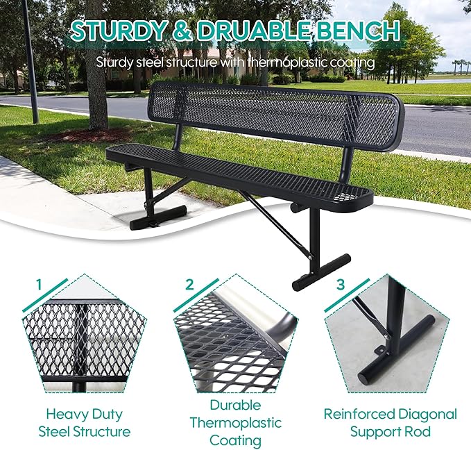 8 FT Heavy Duty Metal Park Bench for Outside, Black Bench with Backrest,4-6 Person Seat, Outdoor Commercial Metal Mesh Benches for Shopping Mall, Lawn, Park, Deck, Garden, Patio, Porch