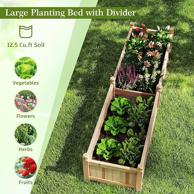 HAPPYGRILL Raised Garden Bed, Wooden Elevated Garden Box w/8 Drain Holes, Detachable Bottom Panels, Liner for Flowers Vegetables Herbs Fruits, Outdoor Planter Box for Backyard Lawn, 89" x 23.5" x 16"