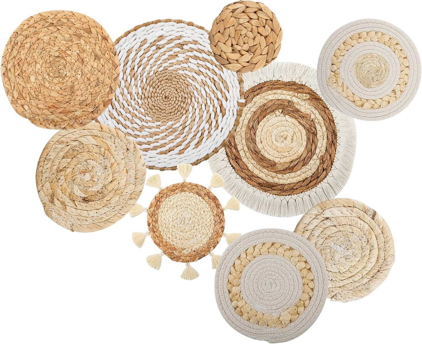 Boho Wall Basket Decor Set of 9, Woven Hanging Wall Decor Seagrass Rattan Wicker Round Handmade Rustic Flat Elegant Wall Art for Farmhouse Living Rooms Bedrooms Display Table Settings Kitchen Home