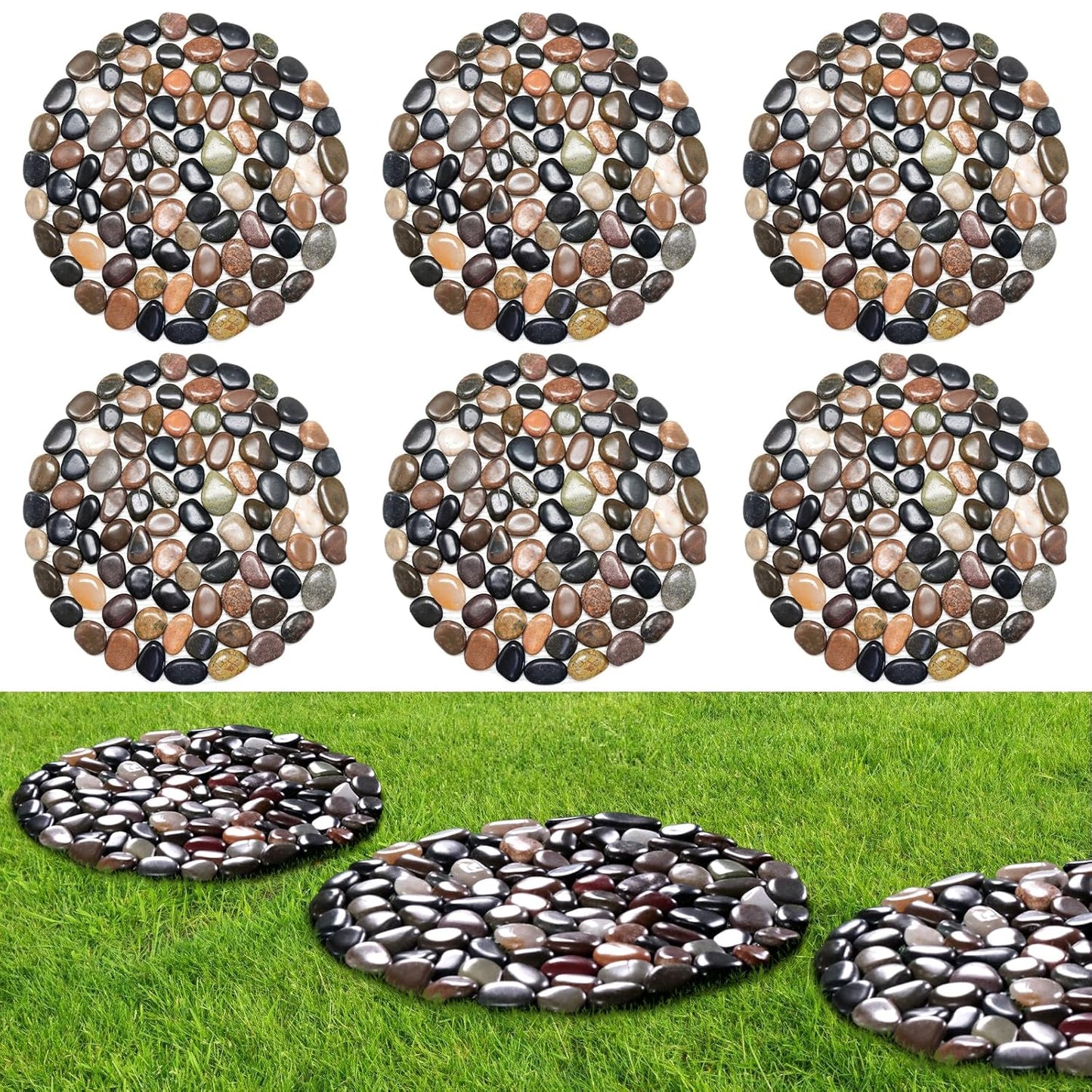 10in River Rock Stepping Stones Set - 6 Pack | Polished Pebble | Long-Lasting PVC Mesh Backing | Perfect for Garden Paths and Lawns Outdoor Landscaping Decoration | Mixed Circle