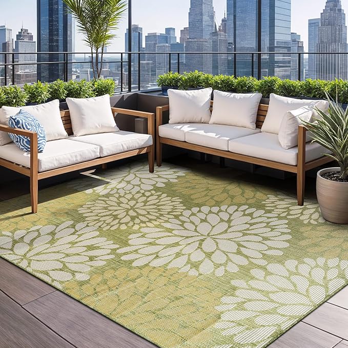 Beverly Rug Outdoor Rug 6x9 Modern Exotic Tropical Leaf Area Rugs for Indoor and Outdoor Patio Deck Porch Garden Water Resistant Washable Outside Carpet (6 x 9 Green)