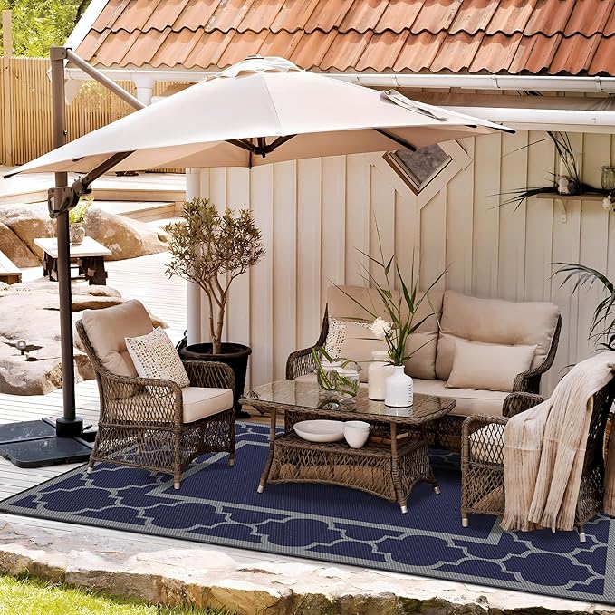 GENIMO Outdoor Rug 8' x 10' Patio Waterproof, Foldable Reversible Plastic Straw Area Rugs Mat for Camper Decor, Outside Carpet for Rv, Deck, Porch, Picnic, Beach, Balcony, Blue & Grey