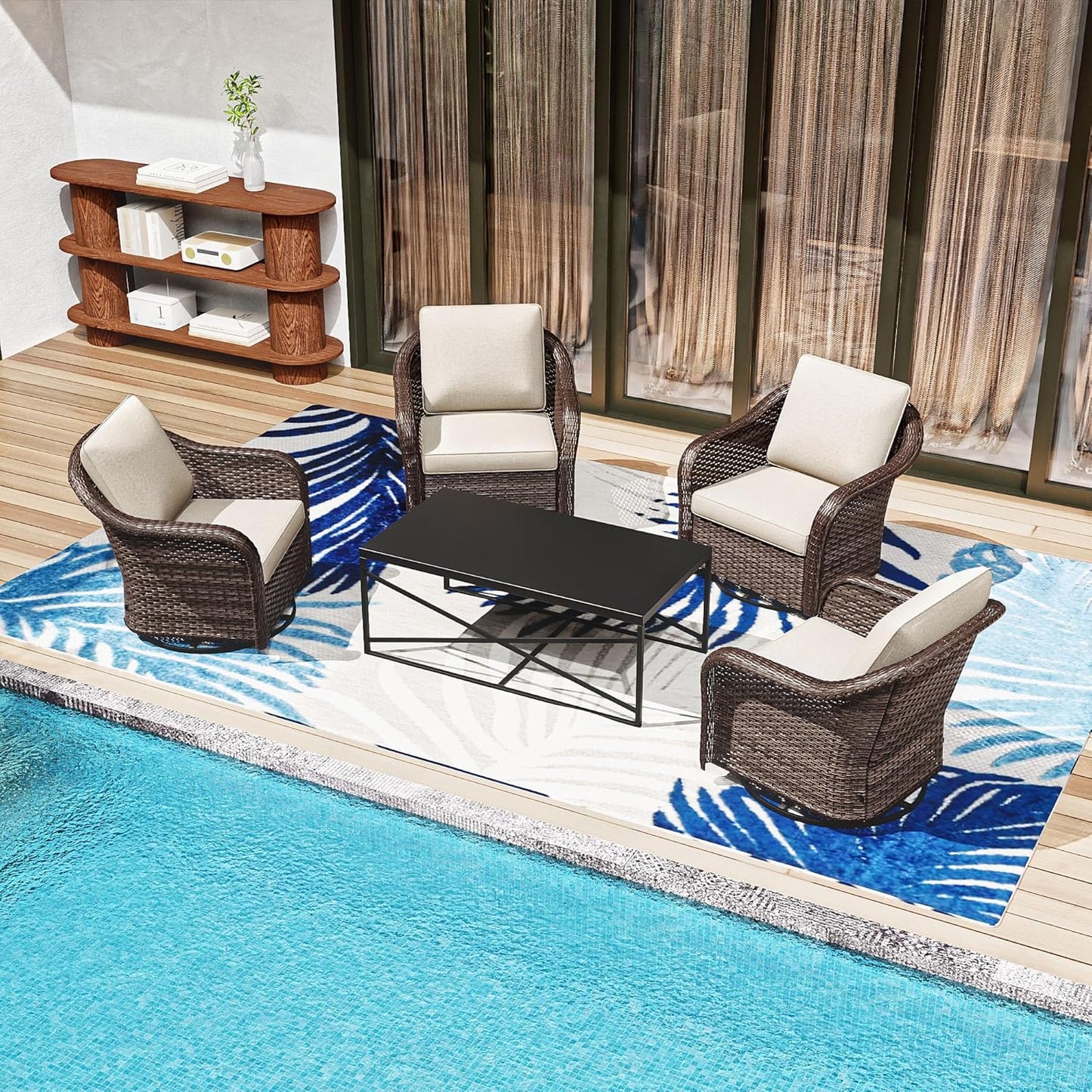 5 Pieces Outdoor Patio Conversation Furniture Set, 4 Pieces Rattan Glider 360 Degree Swivel Rocker Chairs with Removable Cushions, Coffee Table for Porch, Poolside (Beige)