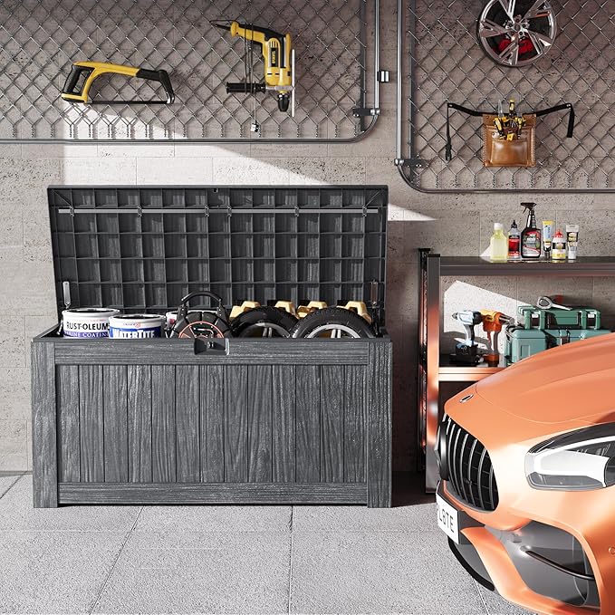 Greesum 120 Gallon Outdoor Storage Box with Lock - Large Resin Deck Box, Reinforced Lid for Garden, Patio, Lawn, Gray