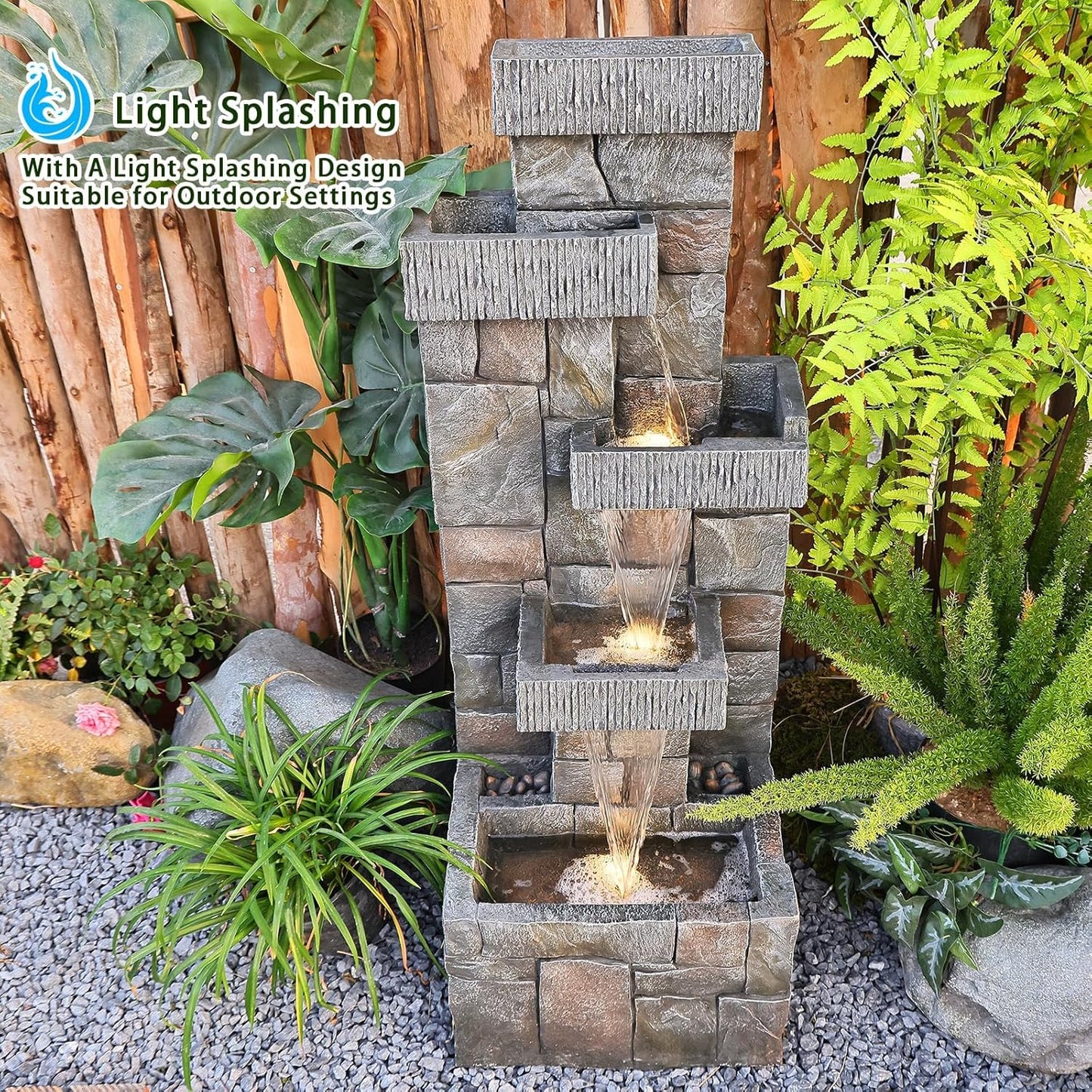 Garden Fountains Outdoor Water Fountain - 44.5 Inches 4 Tired Modern Indoor Floor Standing Outdoor Fountain with Lights Pump for Garden Patio Backyard Porch Home Art Decor, Dark Gray