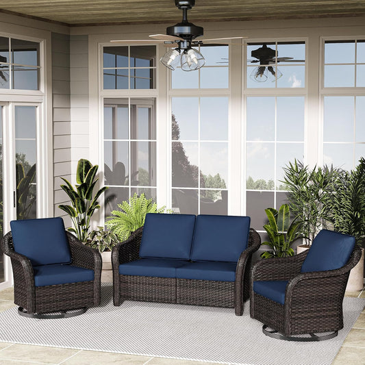 3 Pieces Patio Conversation Set, 55" Sofa with Washable Cushions, Wicker 360 Degree Swivel Glider Rocker Chairs, Wicker 2-Seat Couch for Garden, Lawn (Navy Blue)