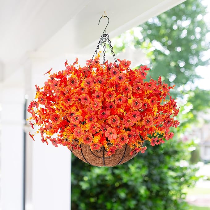 Artificial Fake Fall Autumn Hanging Mums Flowers Plants Basket for Outdoor Outside Decor, Faux Silk Orange Dasiy Flower Look Real UV Resistant for Porch Home Patio Garden Decoration
