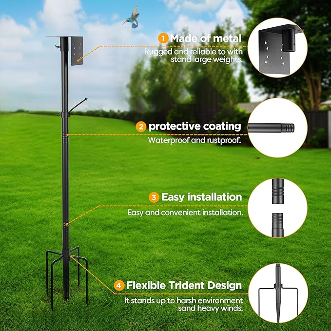 Bird House Pole Kit, Heavy-Duty Adjustable Pole for Outdoors with 5 Prongs Base,Metal Universal Support Pole for Bird Feeders,Solar Pannel,Black