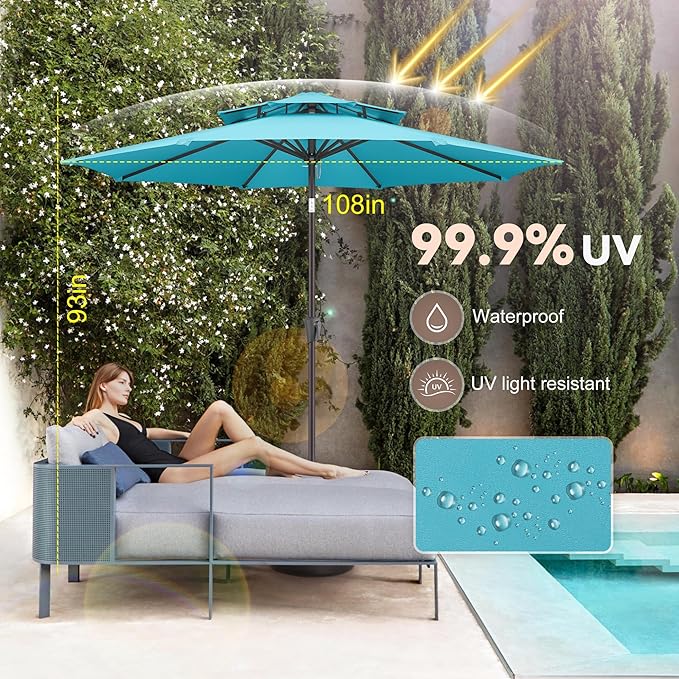 9ft Outdoor Patio Umbrella - 2 Tiers Table Umbrella Waterprool UV Protection, Sombrillas de Patio with Push Button Tilt&Crank, Sun Umbrella for Pool, Porch, Garden, Backyard(Sky Blue)