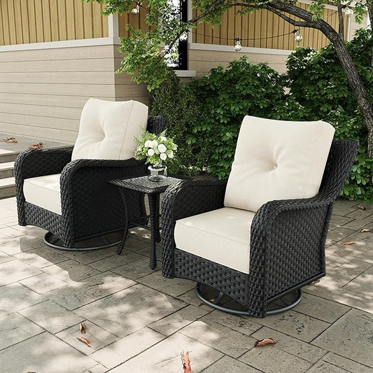 3 Pieces Outdoor Patio Furniture Sets with Rocking Swivel Chairs with 6-inch Thick Cushion and Side Table for Deck Lawn