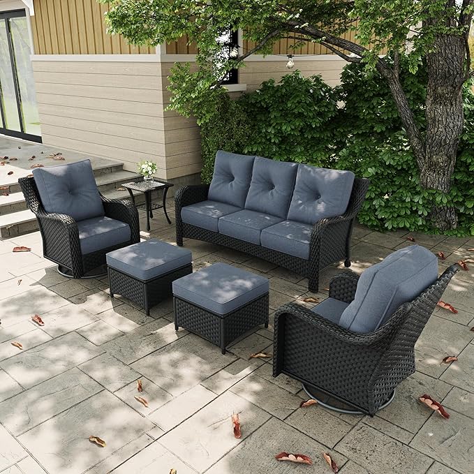 6 Pieces Outdoor Patio Furniture Sets with Rocking Swivel Chairs with 6-inch Thick Cushion and Side Table for Deck Lawn