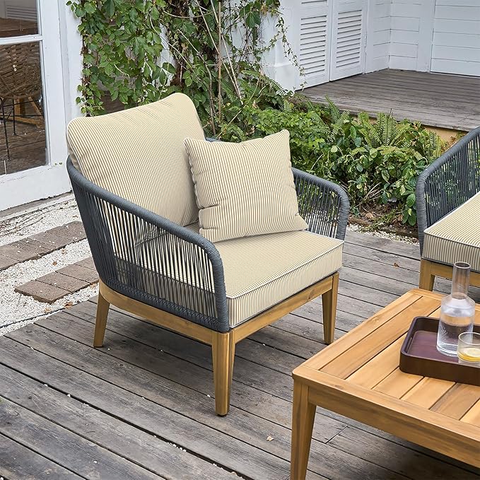 LVTXIII Outdoor Deep Seat Cushion Patio Seat and Back Cushion Set Seasonal Chair Cushion with Removable Cover and Adjustable Buckle for Home and Garden, 24"x24"x4", Strip Beige
