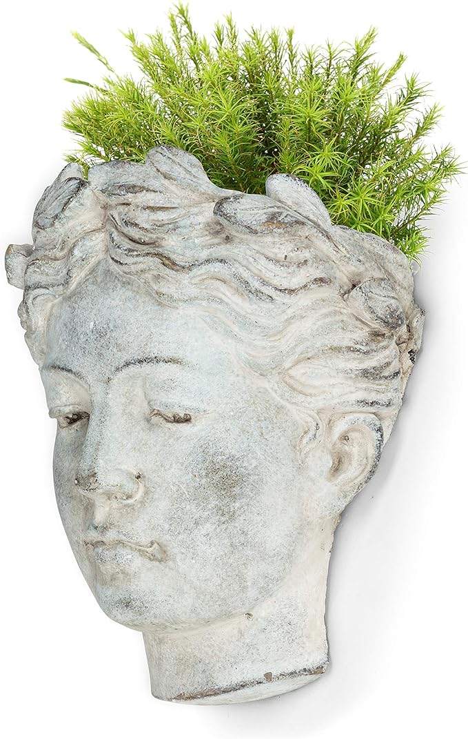 Abbott Collection Goddess Head Wall Planter - Large Cement Indoor and Outdoor Planter Pot - Grecian Woman Statue Head Planter for Flowers and Succulents (Grey, 3.5" Opening)
