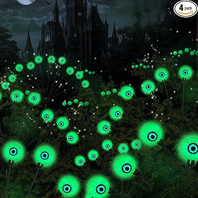 Halloween Decorations, 4 Pack 40LED Solar Halloween Lights Outdoor Scary Eyeball Waterproof Halloween Solar Garden Lights Swaying Firefly Lights for Yard Garden Patio Party Decor Green