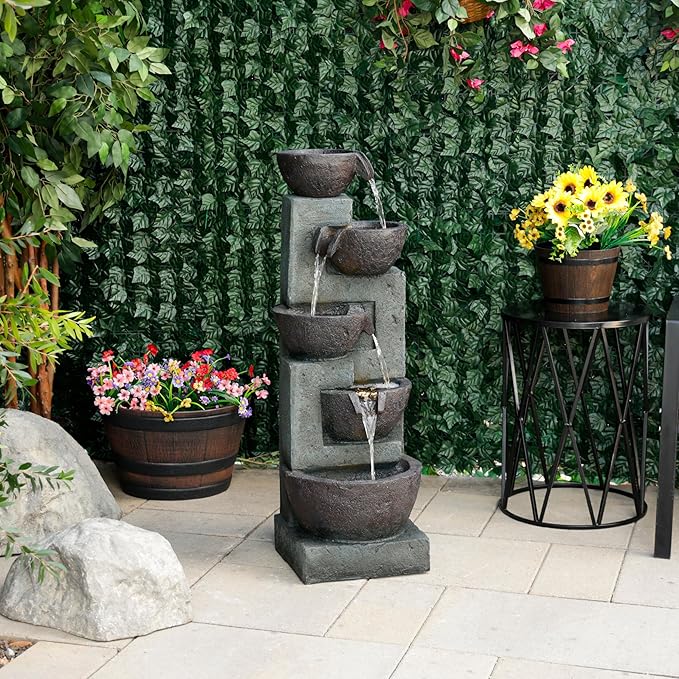 Alpine Corporation TZL390 Elegant Outdoor 5 Tier Bowls Waterfall Fountain with LED Lights for Garden, Patio, Yard, and Outdoor Spaces, Relaxing Cascading Fountain, 39" H, Gray