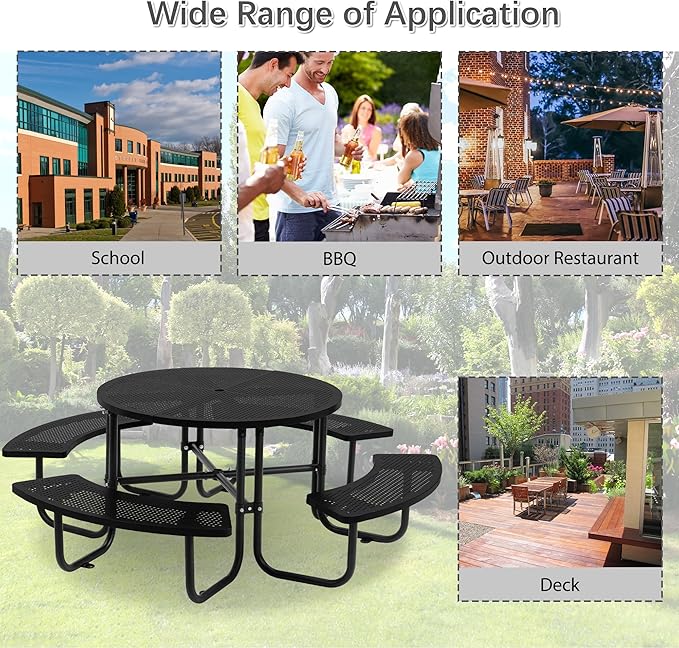 46'' Steel Round Picnic Table for Outdoors, Expanded, Lifetime Picnic Table with Umbrella Hole, Heavy Duty Sturdy Commercial Picnic Tables for Garden Courtyard BBQ, Black