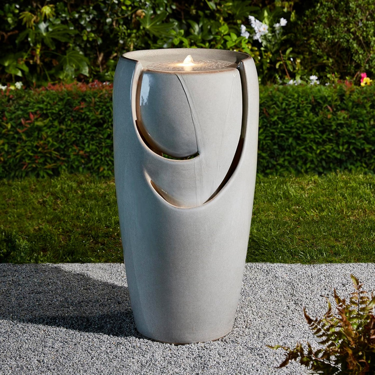 Glitzhome 29.25" H Oversized Ceramic Vase Outdoor Water Fountain Tall Patio Garden Water Fountain with LED Light and Submersible Pump Yard Art Decor, Sand Beige