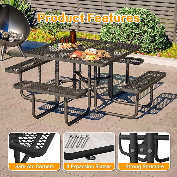 79'' Steel Square Picnic Table for Outdoors, Expanded, Lifetime Picnic Table with Umbrella Hole, Heavy Duty Sturdy Commercial Picnic Tables for Garden Courtyard BBQ, Black