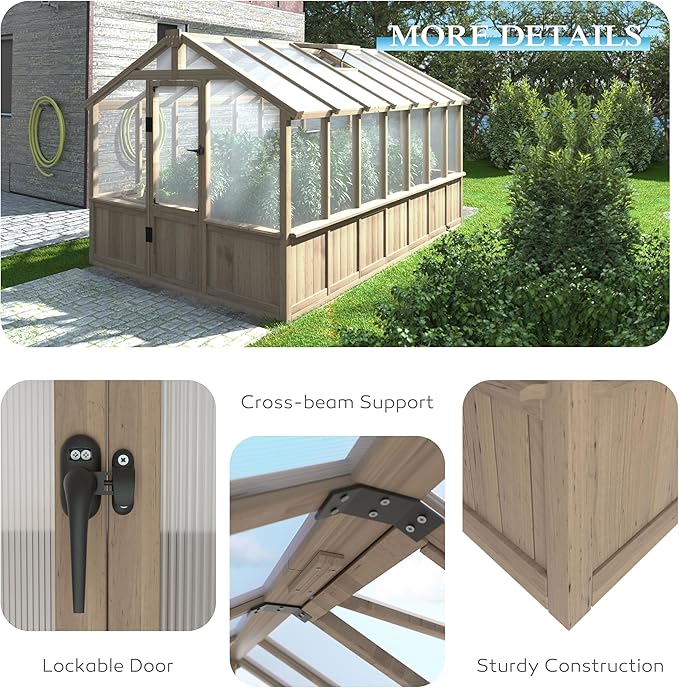 8x14 FT Outdoor Greenhouse Kit, 6MM Thick Polycarbonate Panel Wooden Walk-in Green House with Adjustable Roof Vents & Roof Vents, Backyard Garden, Light Mocha Brown