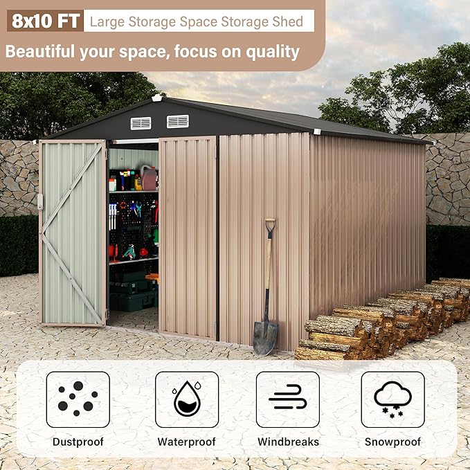 8x10 FT Metal Storage Sheds Outdoor, Metal Yard Sheds Garden Shed Kit, Tool Shed with Lockable Door, Utility Sheds Buildings with Air Vent for Backyard Garden Patio Lawn