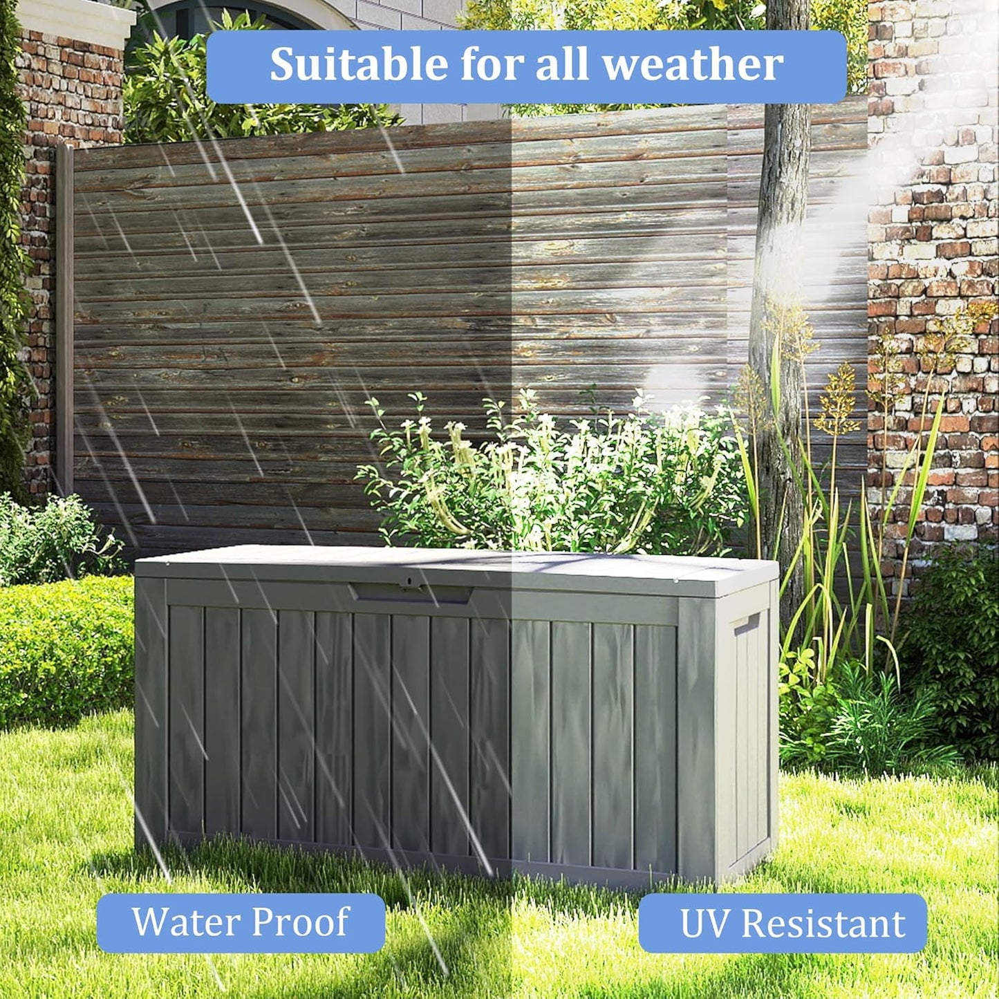 80 Gallon Coffee Resin Deck Box - Rustic Outdoor Storage for Garden Tools, Patio Essentials & Package Delivery - Weatherproof, Lockable for Farmhouse Decks