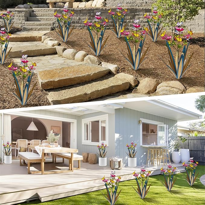 Garden Outdoor Butterfly Enlarge Thickened Wind Resistant Metal Agave Garden Art Metal Plant Country Sculpture Statue Decorations Ornaments Artificial Waterproof Butterflies (Blue 3pcs)