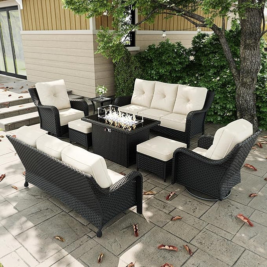 8 Pieces Outdoor Patio Furniture Sets with Rocking Swivel Chairs with 6-inch Thick Cushion and Fire Pit Table for Deck Lawn