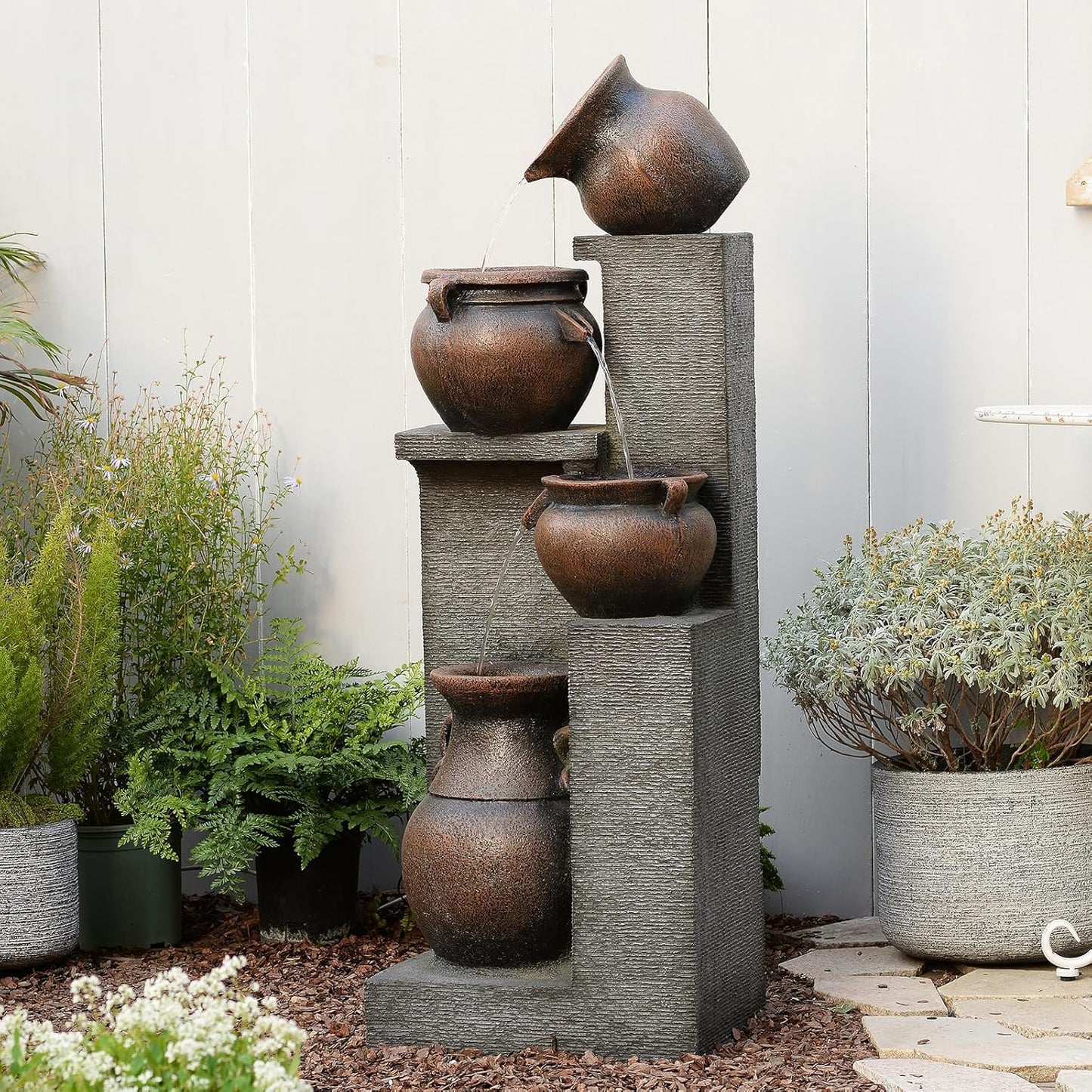 53" H Large Water Fountain Outdoor-The 4 Cascading Modern Feature Crocks Garden Fountains and Waterfalls with Warm Lights for Porch, Deck, Patio, Backyard Home Décor (Gray)