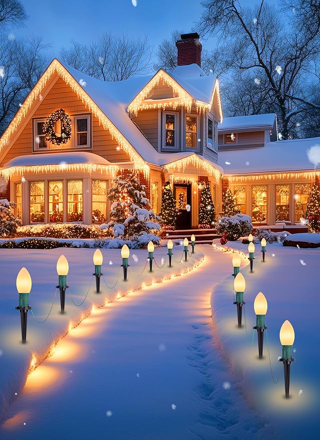 Brightown Frosted C9 LED Christmas Lights Outdoor, 2 Packs Total 64Ft Christmas Pathway Lights with 50 LED Bulbs and Stakes, Christmas Decorations Outside Driveway Walkway Sidewalk, Warm White