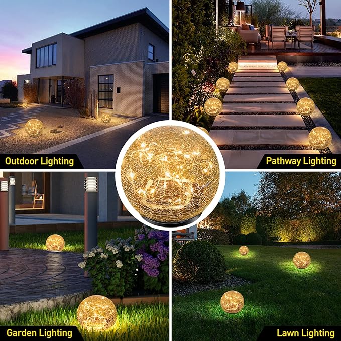 Garden Solar Lights Cracked Glass Ball Waterproof LED for Outdoor Decor Decorations Pathway Patio Yard Lawn, Warm White 2 Globe (4.7”)