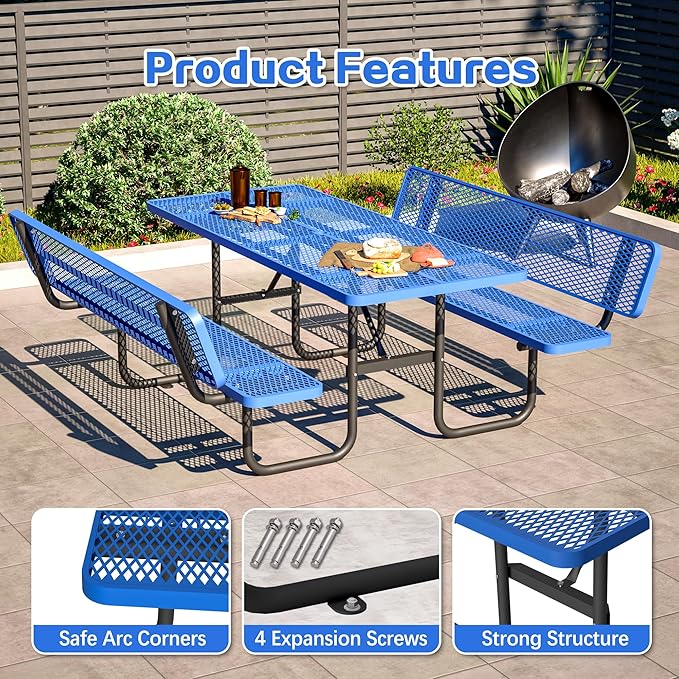 79'' Steel Rectangular Picnic Table for Outdoors, with backrest, Expanded, Lifetime Picnic Table with Umbrella Hole, Heavy Duty Sturdy Commercial Picnic Tables for Garden Courtyard BBQ, Blue