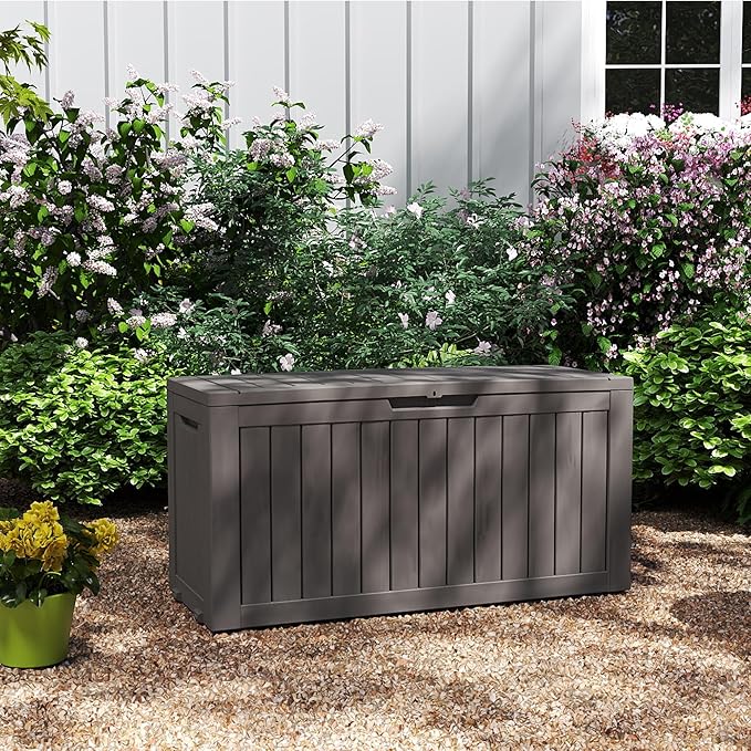 80 Gallon Outdoor Storage Box with Wheels, Waterproof Lockable Resin Deck Box Patio Storage Bin for Pool Accessories Cushion Furniture, Garden Tools, UV-Resistant Outside Delivery Grey