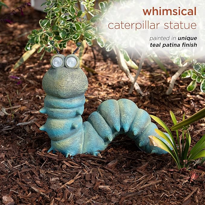 Alpine Corporation FCC121SLR Outdoor Solar Powered Garden Caterpillar Statue with LED Lights, LED Solar Garden Décor, 16"